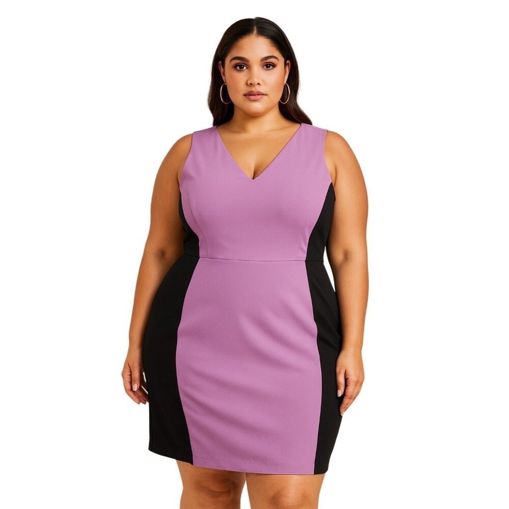 New York & Company V-Neck Stretch Dress Size 18 Purple & Black Slimming Illusion